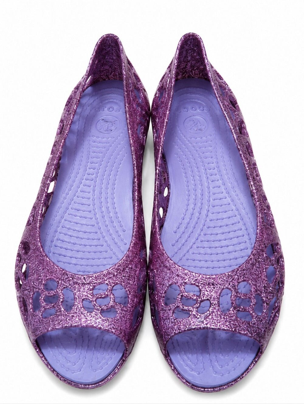 Crocs Women’s Glitter Peep Toe Flats Purple Jelly Slip-On Shoes
